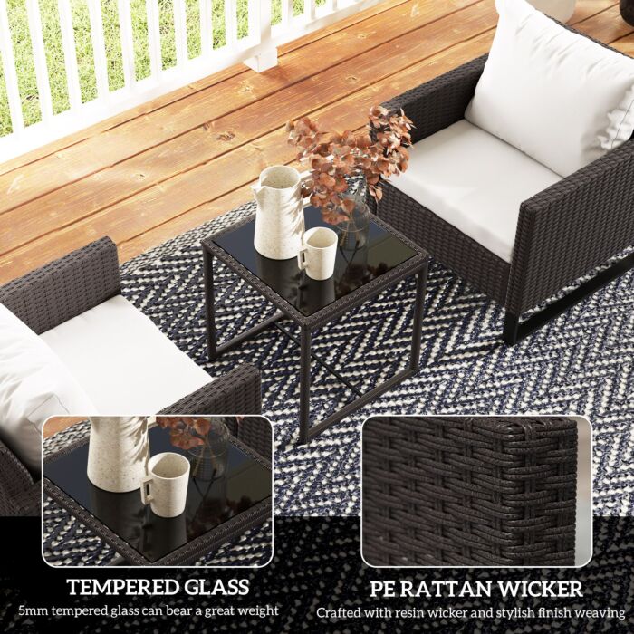 Outsunny 3 Pieces Rattan Bistro Set With 4 Cushions, Wicker Garden Furniture Set, Glass Top Coffee Table And Chairs For Outdoor Patio, Balcony, Terrace And Conservatory, Brown
