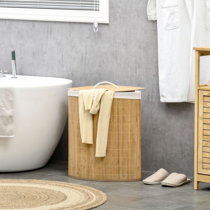 Homcom Bamboo Laundry Basket With Lid, 55 Litres Laundry Hamper With Removable Washable Lining, Corner Washing Baskets, 38 X 38 X 57cm, Natural