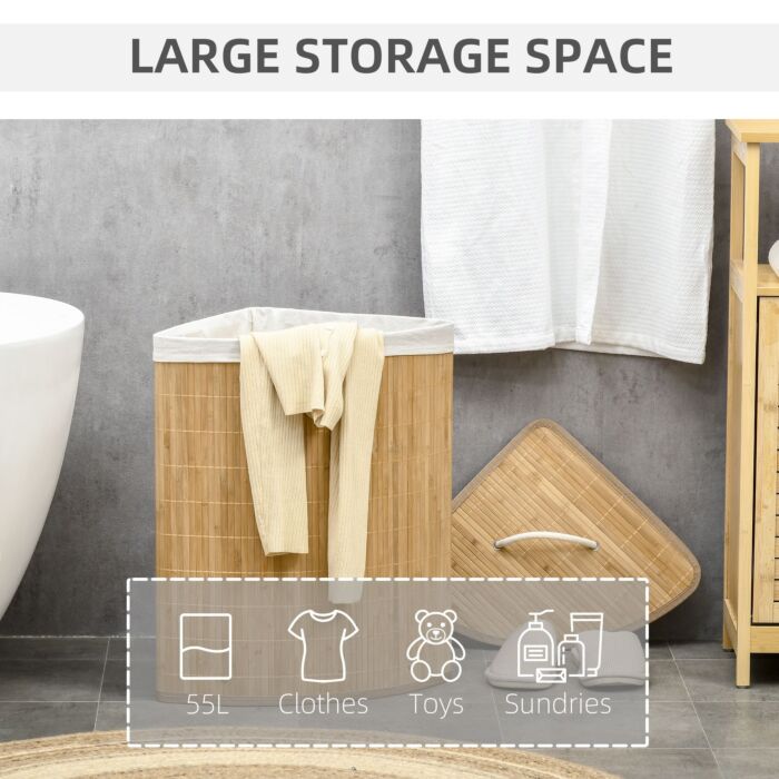 Homcom Bamboo Laundry Basket With Lid, 55 Litres Laundry Hamper With Removable Washable Lining, Corner Washing Baskets, 38 X 38 X 57cm, Natural