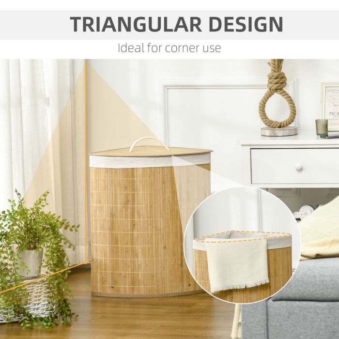 Homcom Bamboo Laundry Basket With Lid, 55 Litres Laundry Hamper With Removable Washable Lining, Corner Washing Baskets, 38 X 38 X 57cm, Natural