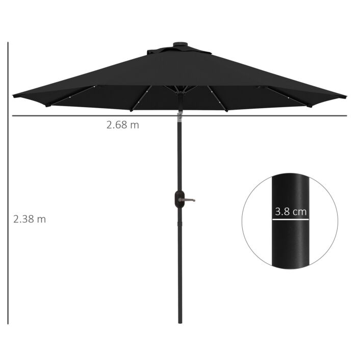 Outsunny 2.7m Outdoor Patio Garden Umbrella Parasol With Tilt Crank And 24 Leds Lights, Black