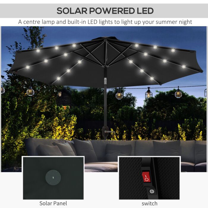 Outsunny 2.7m Outdoor Patio Garden Umbrella Parasol With Tilt Crank And 24 Leds Lights, Black