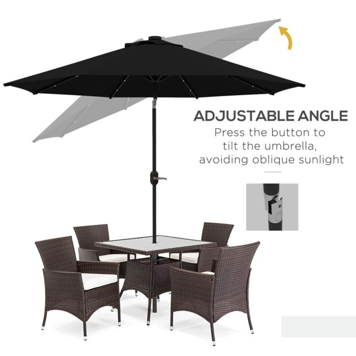 Outsunny 2.7m Outdoor Patio Garden Umbrella Parasol With Tilt Crank And 24 Leds Lights, Black