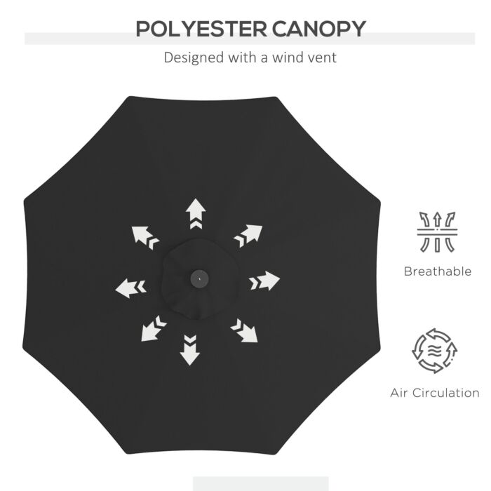 Outsunny 2.7m Outdoor Patio Garden Umbrella Parasol With Tilt Crank And 24 Leds Lights, Black