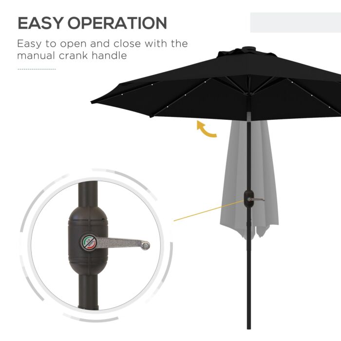 Outsunny 2.7m Outdoor Patio Garden Umbrella Parasol With Tilt Crank And 24 Leds Lights, Black