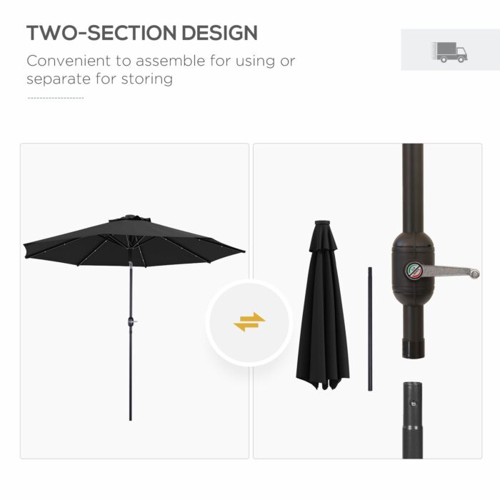 Outsunny 2.7m Outdoor Patio Garden Umbrella Parasol With Tilt Crank And 24 Leds Lights, Black