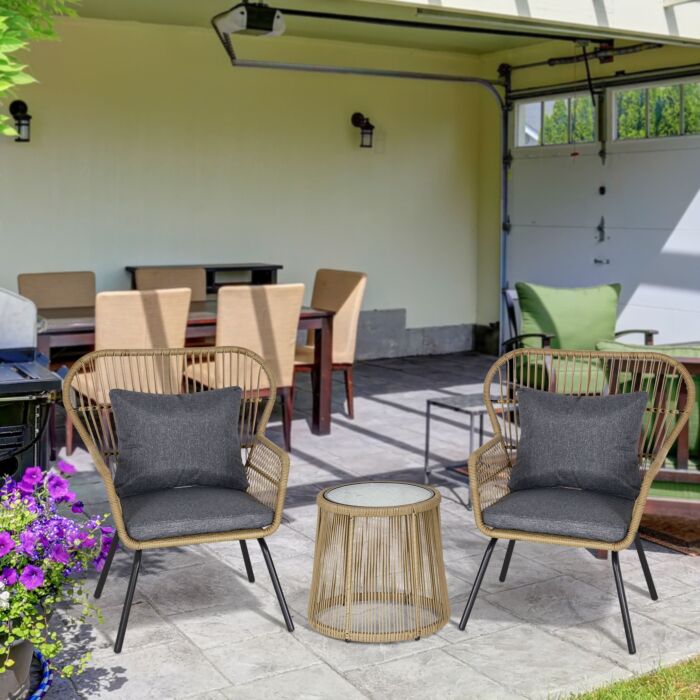 Outsunny 2 Seater Outdoor Patio Bistro Set, Wicker Rattan Furniture 2 Chairs 1 Coffee Table With Metal Legs For Garden, Backyard, Deck, Coffee