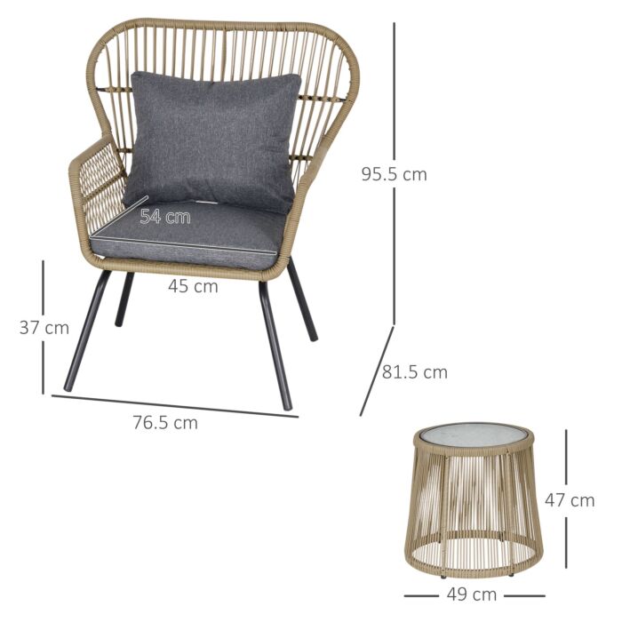 Outsunny 2 Seater Outdoor Patio Bistro Set, Wicker Rattan Furniture 2 Chairs 1 Coffee Table With Metal Legs For Garden, Backyard, Deck, Coffee