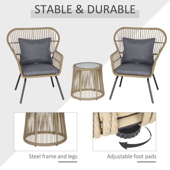 Outsunny 2 Seater Outdoor Patio Bistro Set, Wicker Rattan Furniture 2 Chairs 1 Coffee Table With Metal Legs For Garden, Backyard, Deck, Coffee