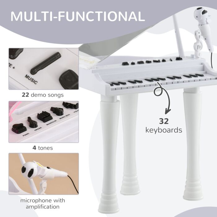 Aiyaplay 32 Keys Kids Piano Keyboard W/ Stool, Lights, Microphone, Multiple Sounds, Removable Legs, Electronic Musical Instrument, White