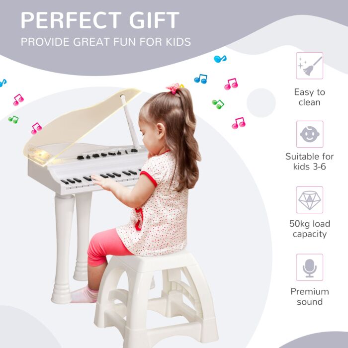 Aiyaplay 32 Keys Kids Piano Keyboard W/ Stool, Lights, Microphone, Multiple Sounds, Removable Legs, Electronic Musical Instrument, White