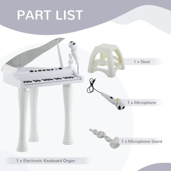 Aiyaplay 32 Keys Kids Piano Keyboard W/ Stool, Lights, Microphone, Multiple Sounds, Removable Legs, Electronic Musical Instrument, White