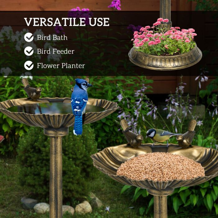 Outsunny 81cm Tall Bird Bath With 2 Decorative Birds, Vintage Style Birdbath With Flower Planter Base, Bird Bath Bowl For Garden, Bronze Tone