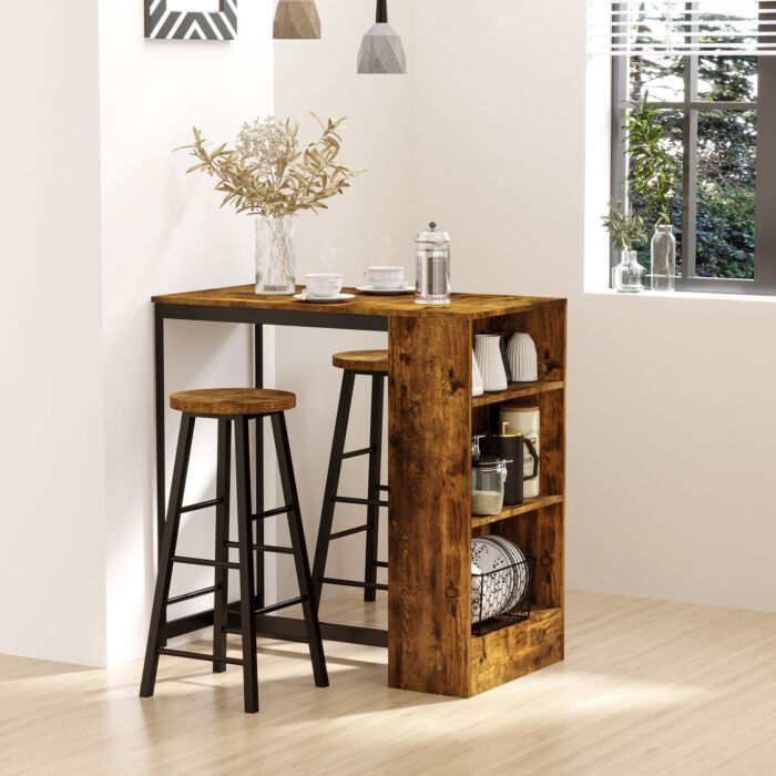 Homcom Industrial Bar Table Set For 2, 3 Pieces Pub Table And Bar Stools With Storage Shelf For Kitchen