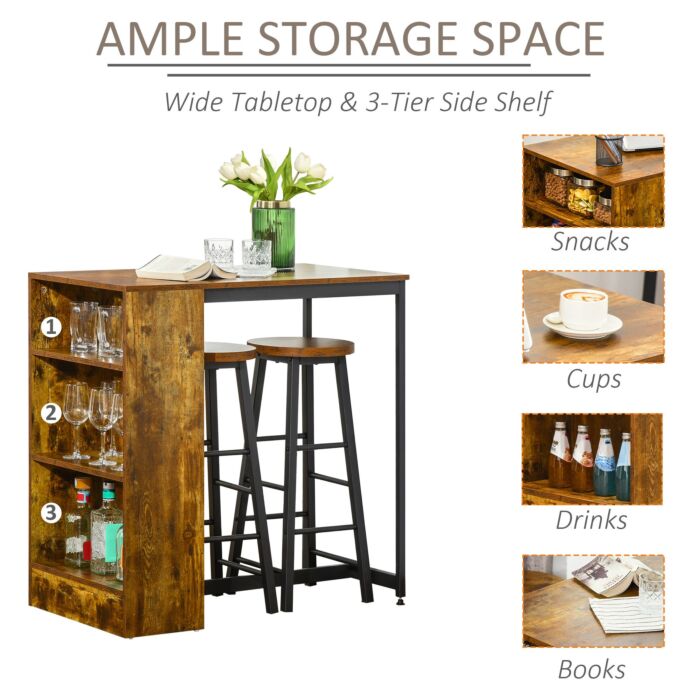 Homcom Industrial Bar Table Set For 2, 3 Pieces Pub Table And Bar Stools With Storage Shelf For Kitchen
