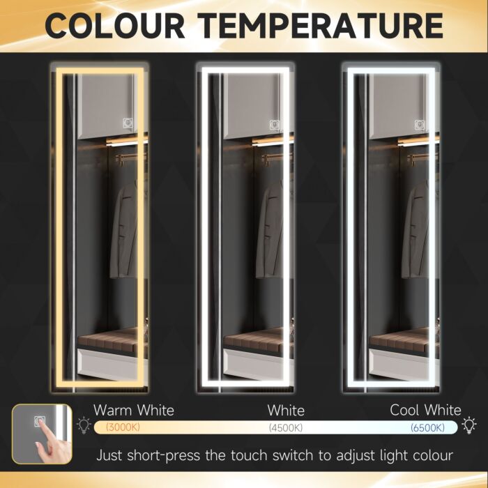 Homcom Dimming Full Length Mirror, 120 X 40cm Long Wall Mirror With 3 Colour Led, Smart Touch, Memory Function