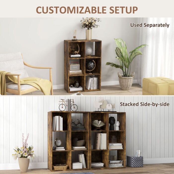 Homcom 3-tier 6 Cubes Storage Unit Particle Board Cabinet Bookcase Organiser Home Office Shelves Rustic Brown