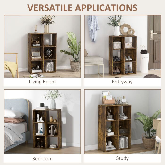 Homcom 3-tier 6 Cubes Storage Unit Particle Board Cabinet Bookcase Organiser Home Office Shelves Rustic Brown