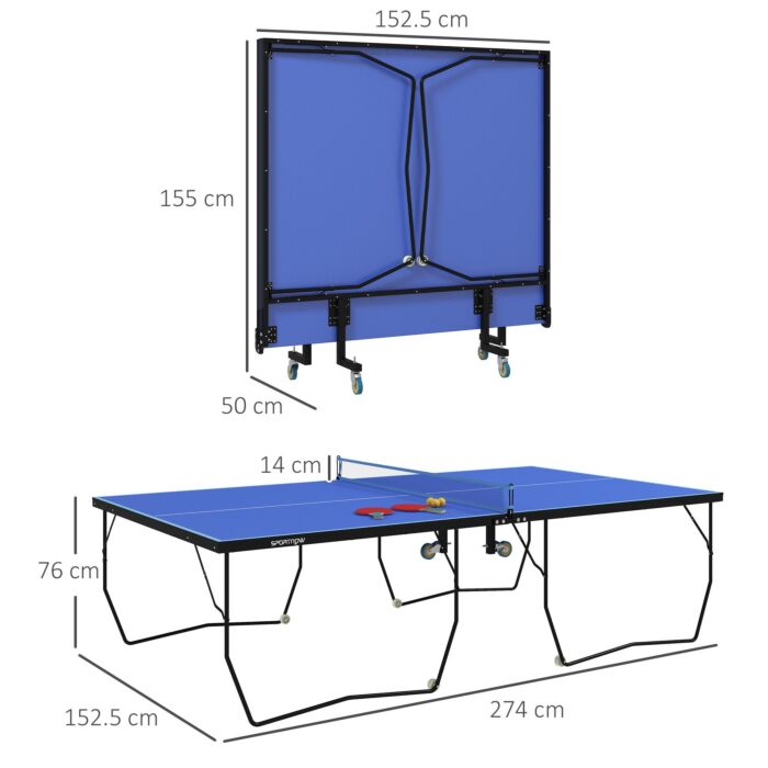 Sportnow 9ft Folding Table Tennis Table, With 8 Wheels, For Indoor Use - Blue