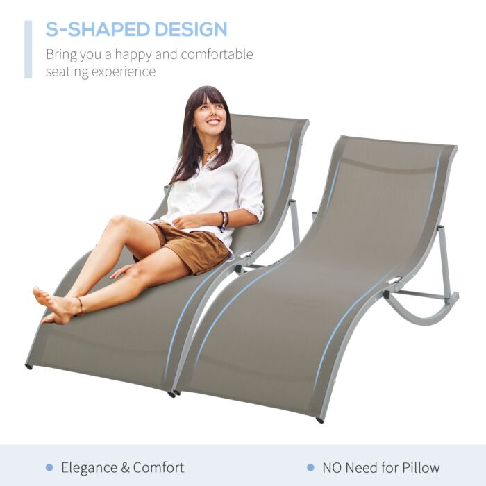 Outsunny Set Of 2 S-shaped Foldable Lounge Chair Sun Lounger Reclining Outdoor Chair For Patio Beach Garden Light Grey