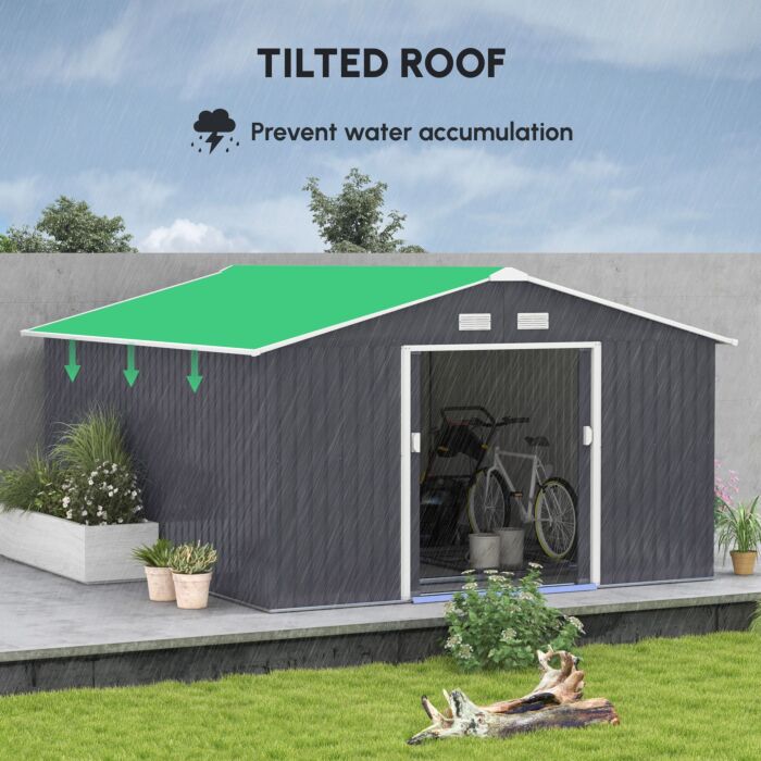 Outsunny 13 X 11ft Foundation Ventilation Steel Outdoor Garden Shed Grey