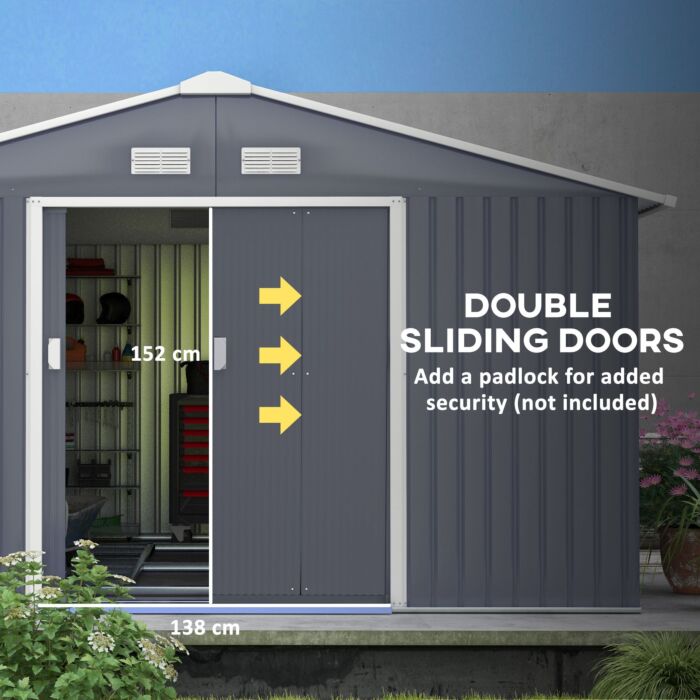Outsunny 13 X 11ft Foundation Ventilation Steel Outdoor Garden Shed Grey