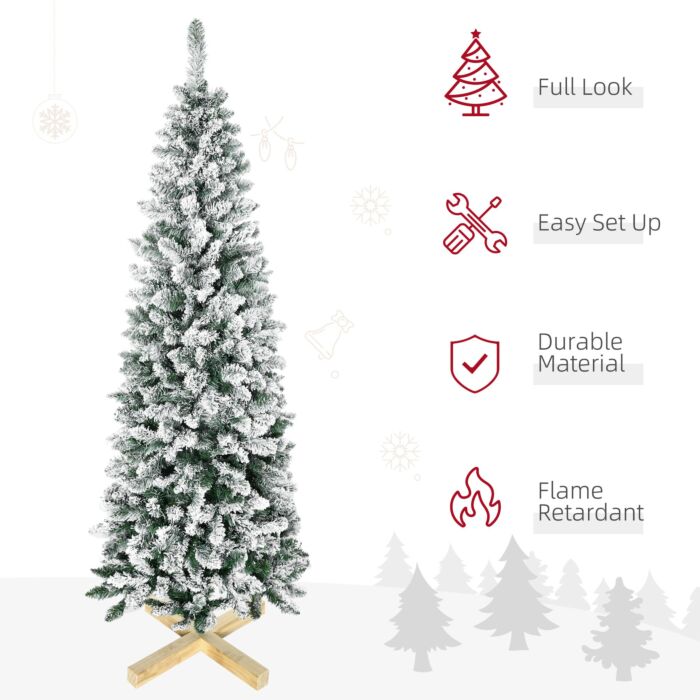 Homcom 6 Foot Snow Flocked Artificial Christmas Tree, Xmas Pencil Tree With 630 Realistic Branches, Auto Open, Pinewood Base, Green