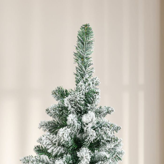 Homcom 6 Foot Snow Flocked Artificial Christmas Tree, Xmas Pencil Tree With 630 Realistic Branches, Auto Open, Pinewood Base, Green