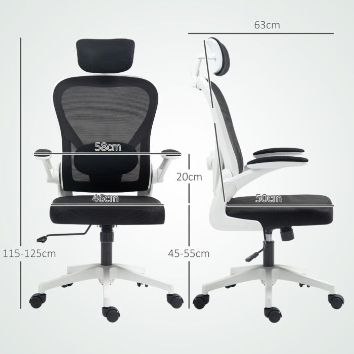 Homcom Executive Office Chair, Ergonomic Mesh High Back Desk Chair With Flip-up Armrest, Rotatable Headrest, Adjustable Lumbar Support, Swivel Computer Chair For Home Study, Black
