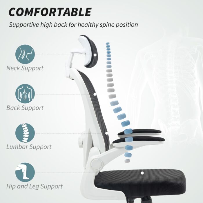 Homcom Executive Office Chair, Ergonomic Mesh High Back Desk Chair With Flip-up Armrest, Rotatable Headrest, Adjustable Lumbar Support, Swivel Computer Chair For Home Study, Black
