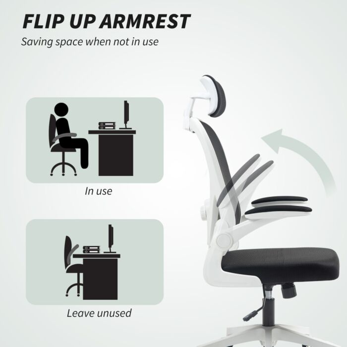 Homcom Executive Office Chair, Ergonomic Mesh High Back Desk Chair With Flip-up Armrest, Rotatable Headrest, Adjustable Lumbar Support, Swivel Computer Chair For Home Study, Black