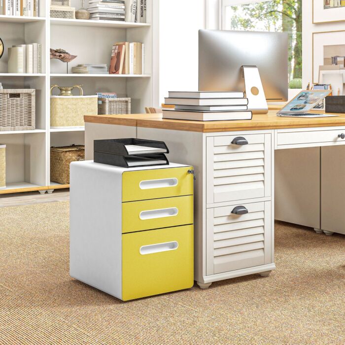 Vinsetto 3 Drawer Filing Cabinet, Steel Lockable File Cabinet With Lock And Wheels, For A4, Letter, Legal Sized Files, Yellow