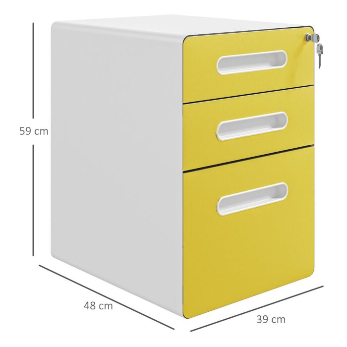 Vinsetto 3 Drawer Filing Cabinet, Steel Lockable File Cabinet With Lock And Wheels, For A4, Letter, Legal Sized Files, Yellow