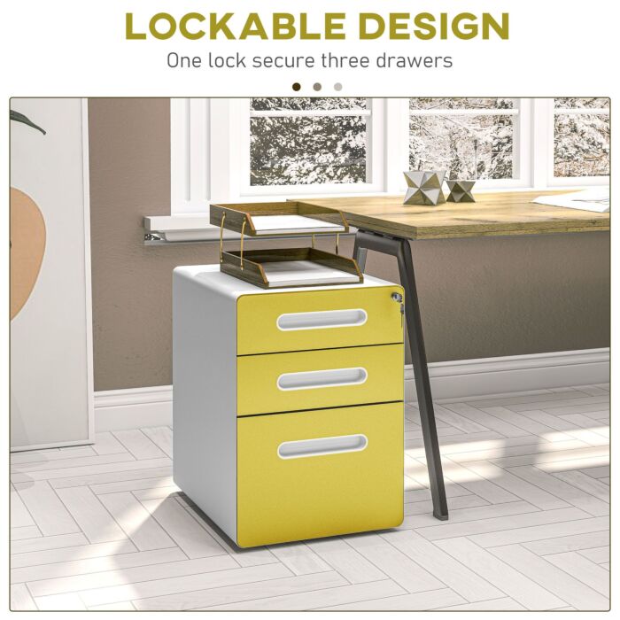 Vinsetto 3 Drawer Filing Cabinet, Steel Lockable File Cabinet With Lock And Wheels, For A4, Letter, Legal Sized Files, Yellow