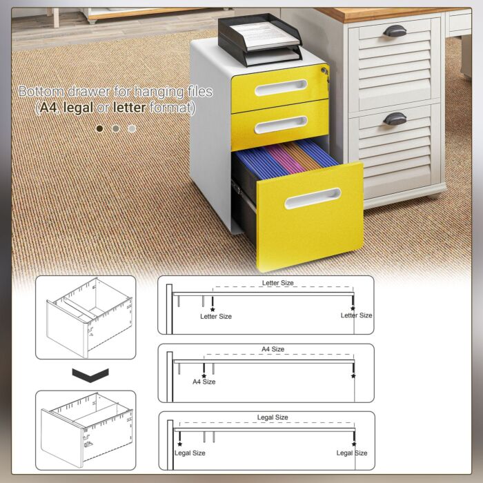 Vinsetto 3 Drawer Filing Cabinet, Steel Lockable File Cabinet With Lock And Wheels, For A4, Letter, Legal Sized Files, Yellow