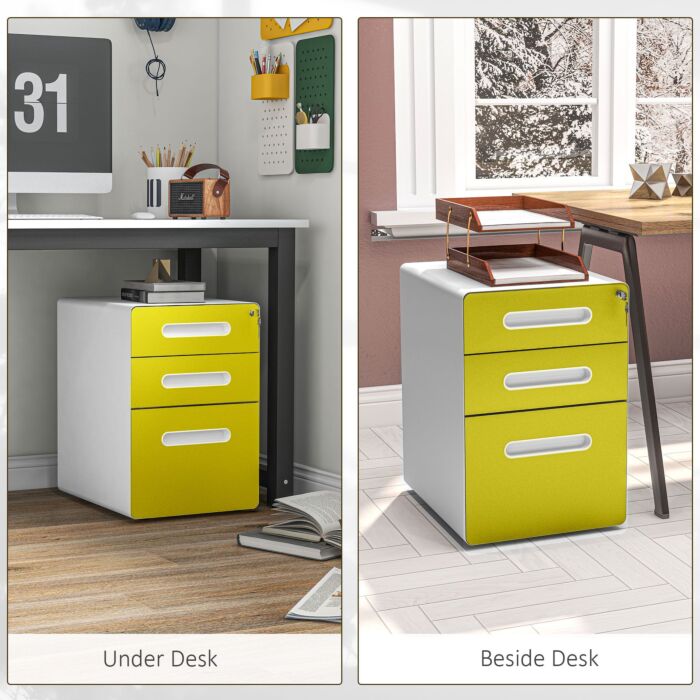 Vinsetto 3 Drawer Filing Cabinet, Steel Lockable File Cabinet With Lock And Wheels, For A4, Letter, Legal Sized Files, Yellow