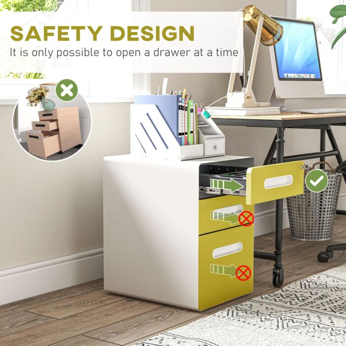 Vinsetto 3 Drawer Filing Cabinet, Steel Lockable File Cabinet With Lock And Wheels, For A4, Letter, Legal Sized Files, Yellow