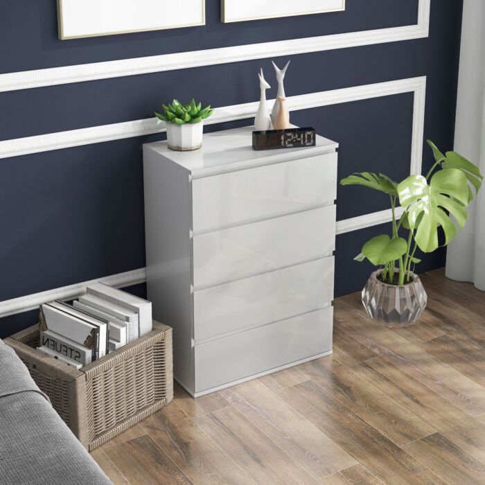 Homcom High Gloss 4 Drawer Chest Of Drawers,4-drawer Storage Cabinets, Modern Dresser, Storage Drawer Unit, White