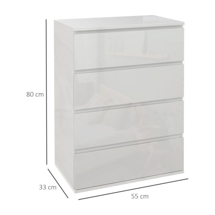 Homcom High Gloss 4 Drawer Chest Of Drawers,4-drawer Storage Cabinets, Modern Dresser, Storage Drawer Unit, White
