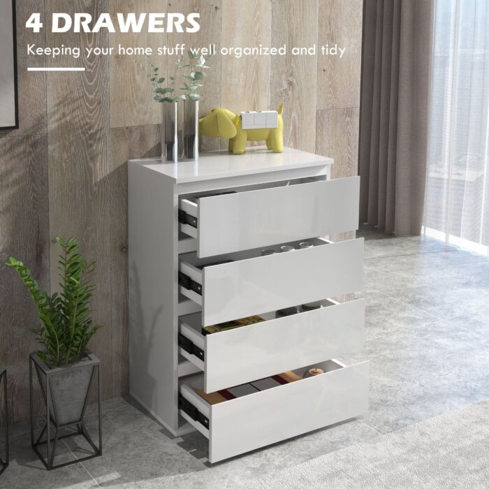 Homcom High Gloss 4 Drawer Chest Of Drawers,4-drawer Storage Cabinets, Modern Dresser, Storage Drawer Unit, White