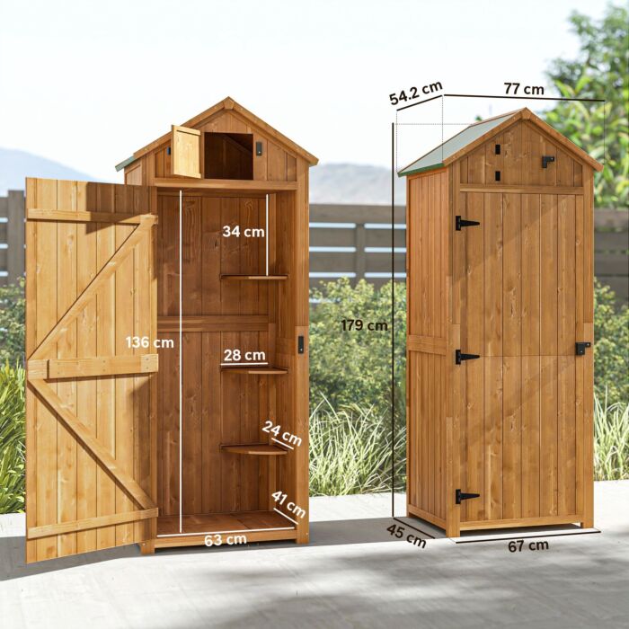Outsunny Wooden Garden Storage Shed Vertical Tool Cabinet Organiser W/ Shelves, Lockable Door, 77 X 54.2 X 179 Cm, Brown