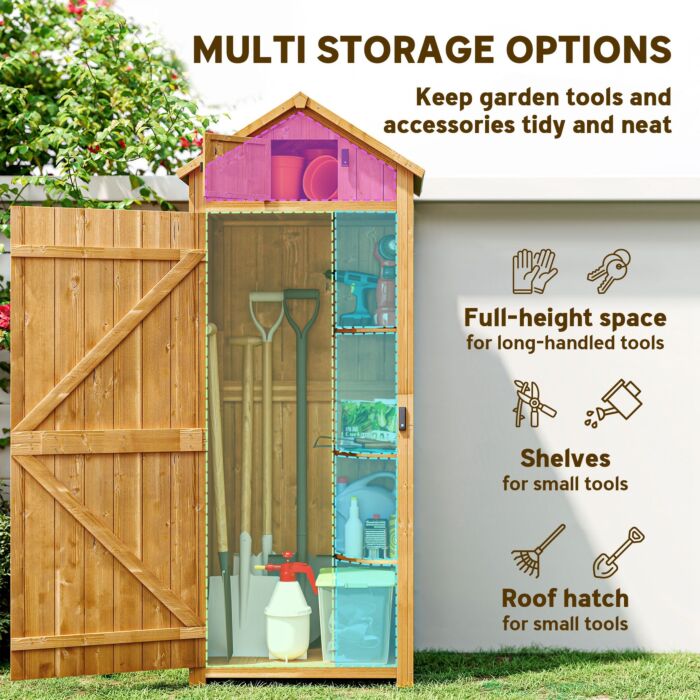 Outsunny Wooden Garden Storage Shed Vertical Tool Cabinet Organiser W/ Shelves, Lockable Door, 77 X 54.2 X 179 Cm, Brown