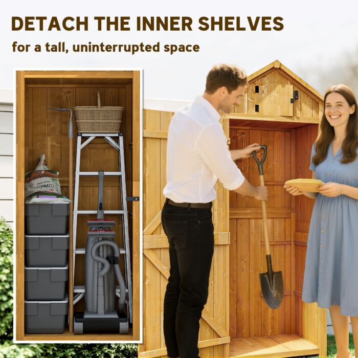 Outsunny Wooden Garden Storage Shed Vertical Tool Cabinet Organiser W/ Shelves, Lockable Door, 77 X 54.2 X 179 Cm, Brown