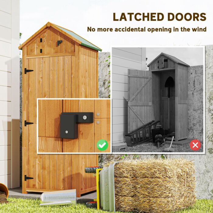 Outsunny Wooden Garden Storage Shed Vertical Tool Cabinet Organiser W/ Shelves, Lockable Door, 77 X 54.2 X 179 Cm, Brown