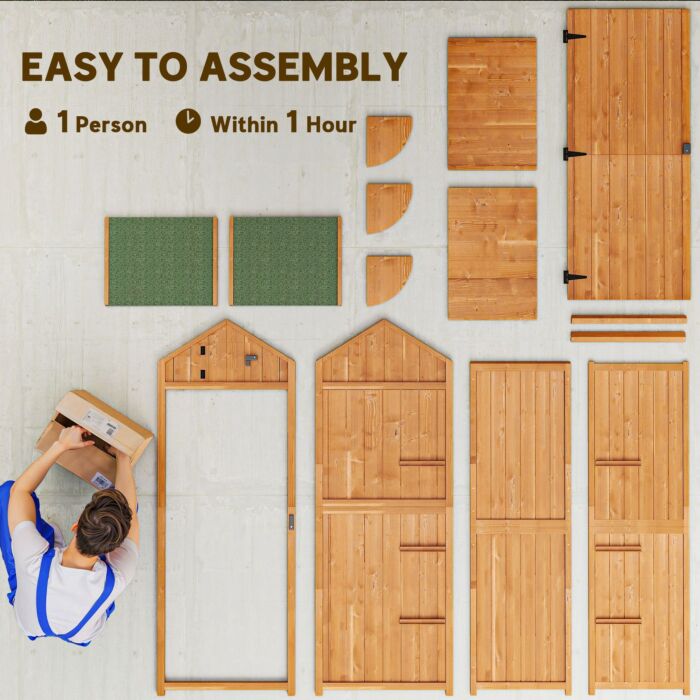 Outsunny Wooden Garden Storage Shed Vertical Tool Cabinet Organiser W/ Shelves, Lockable Door, 77 X 54.2 X 179 Cm, Brown