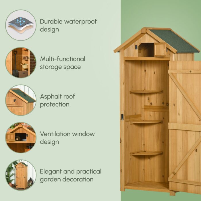 Outsunny Wooden Garden Storage Shed Vertical Tool Cabinet Organiser W/ Shelves, Lockable Door, 77 X 54.2 X 179 Cm, Brown