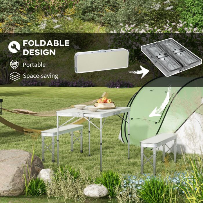 Outsunny Foldable Camping Picnic Table And Chairs, Lightweight Aluminium Garden Table Set With 2 Benches For Camping, Silver