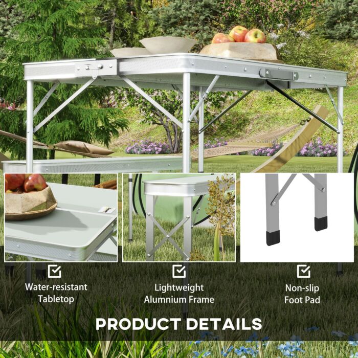 Outsunny Foldable Camping Picnic Table And Chairs, Lightweight Aluminium Garden Table Set With 2 Benches For Camping, Silver