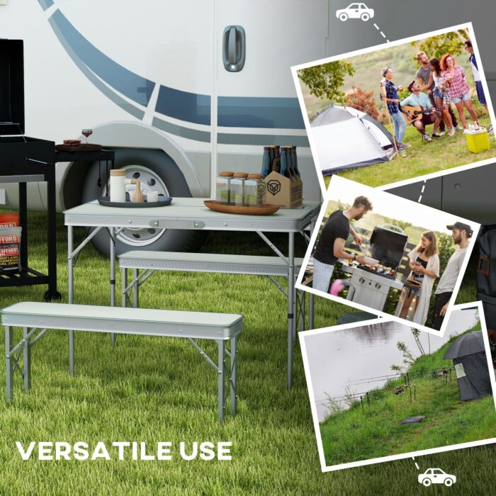 Outsunny Foldable Camping Picnic Table And Chairs, Lightweight Aluminium Garden Table Set With 2 Benches For Camping, Silver