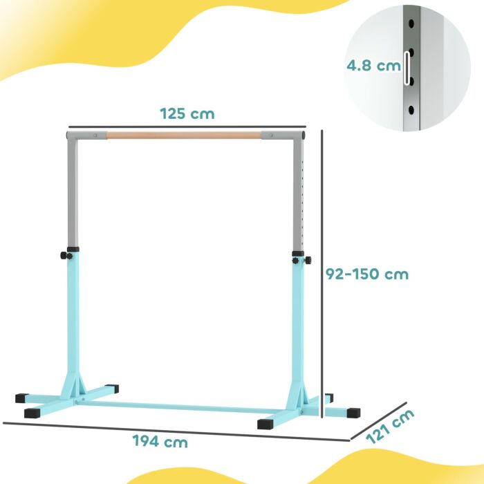 Homcom Height Adjustable Gymnastics Horizontal Bar For Kids, Children Junior Kip High Bar Fitness, Light Blue